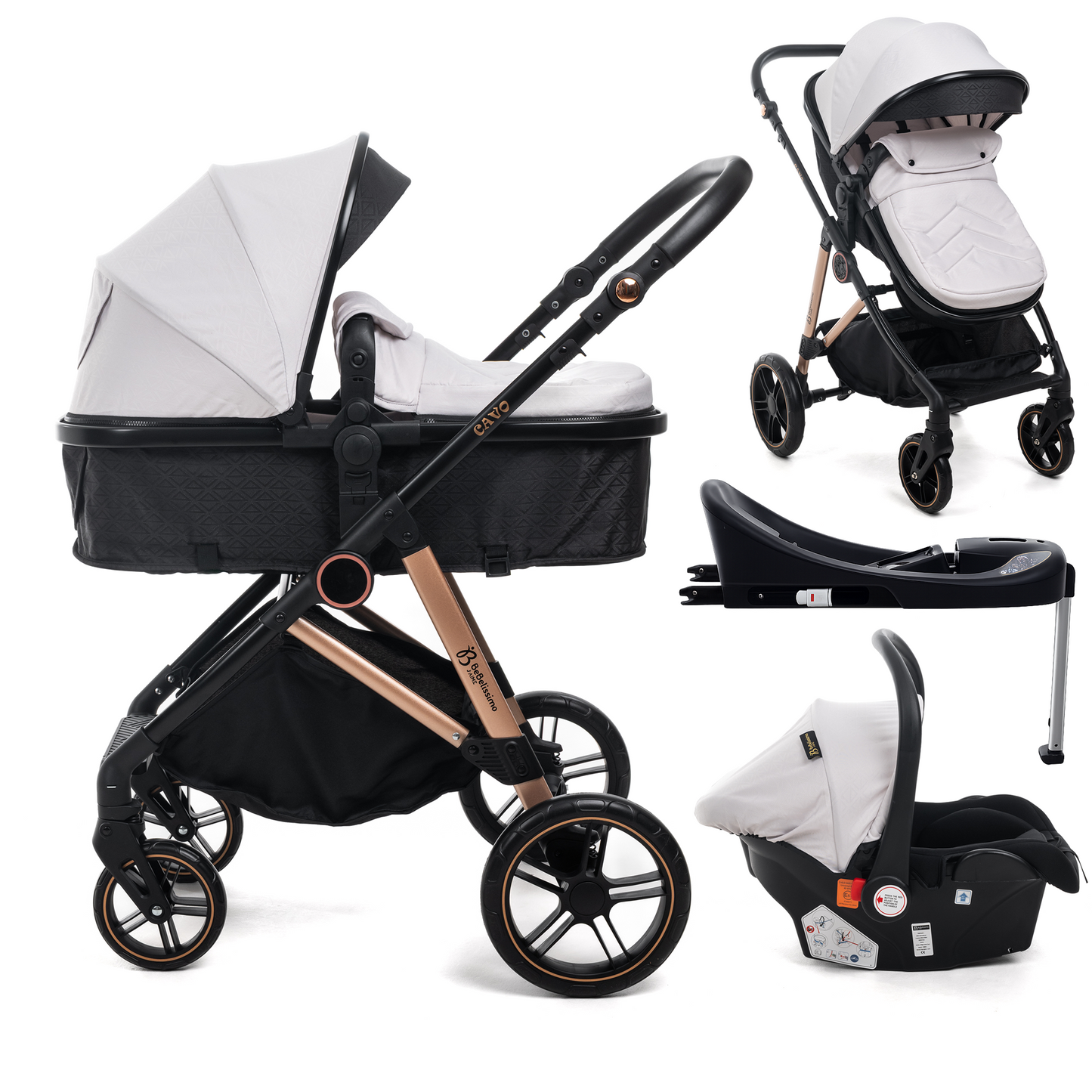 BEBELISSIMO - Poussette combinée trio 3 en 1 - siège auto 0+ CAVO – nacelle –  base Isofix - jambes de force – jusqu’à 22kg - Beige
