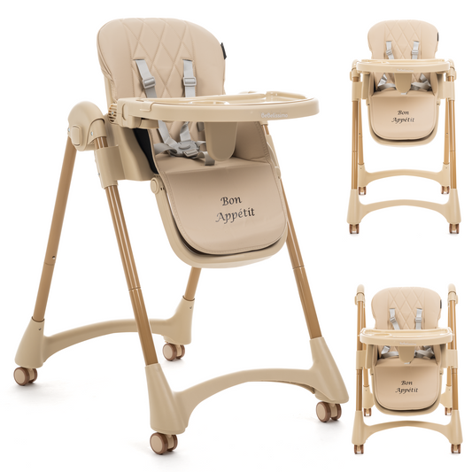 Bebelissimo - Chaise haute évolutive bébé - Pliable - Compacte - Réglable hauteur - De 6 mois à 3 ans (15kg) - beige - Bon Appetit