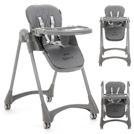 Bebelissimo - Chaise haute évolutive bébé - Pliable - Compacte - Réglable hauteur - De 6 mois à 3 ans (15kg) - gris foncé - Bon Appetit