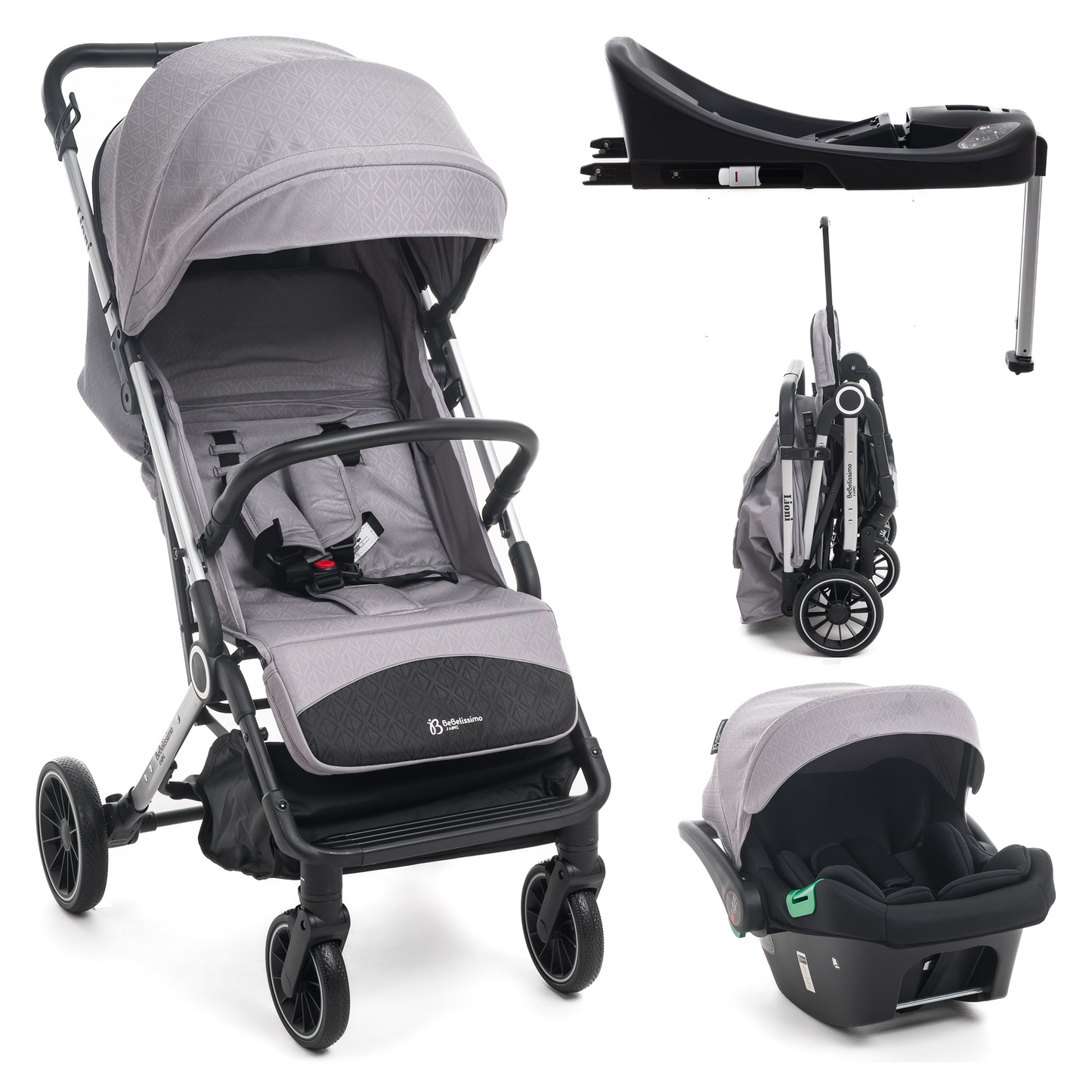 BEBELISSIMO - Poussette combinée duo 2 en 1 - siège auto 0+ Lioni – dès la naissance – jusqu’à 22kg - gris - base ISOFIX - jambe de force