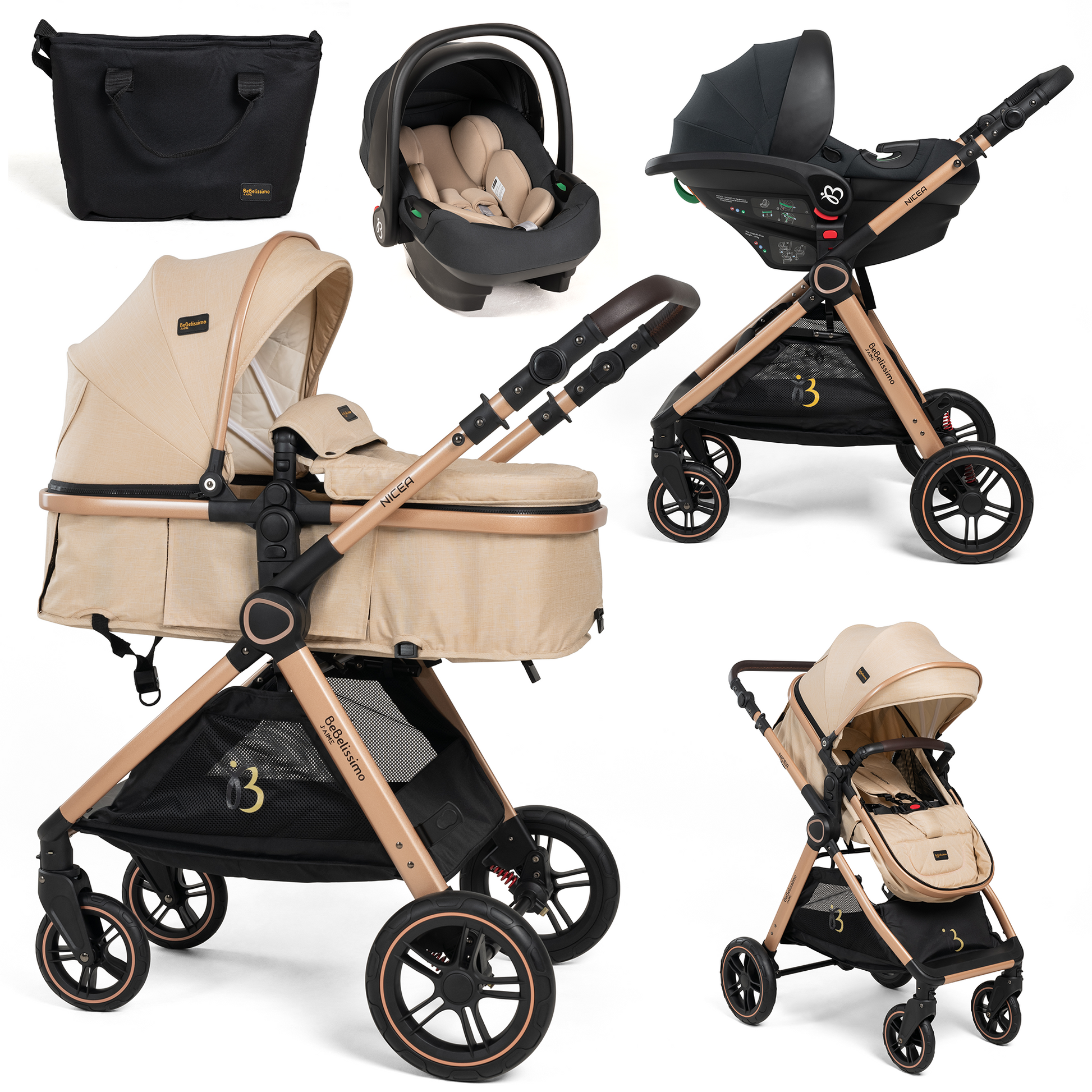 BEBELISSIMO Poussette combinée trio en siège auto I-size 40-87cm – nacelle – dès la naissance – jusqu’à 22kg beige