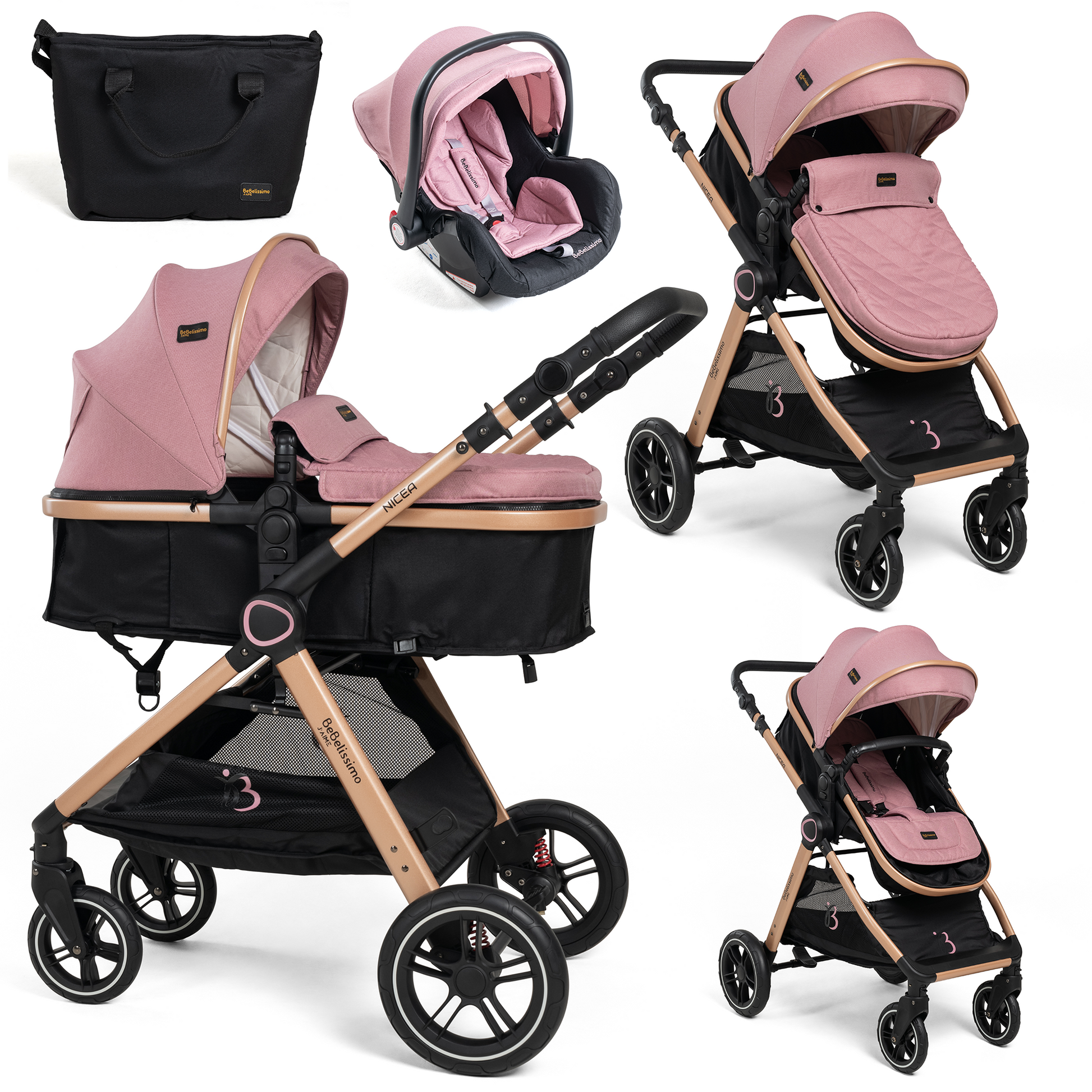 BEBELISSIMO Poussette combinee trio 3 en 1 siege auto 0m nacelle des la naissance jusqu a 22kg Nicea rose