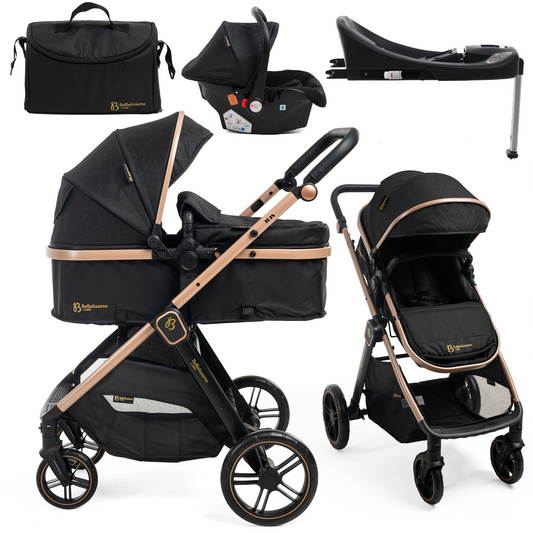BEBELISSIMO - Poussette combinée trio 3 en 1 - siège auto 0+ IRIS – nacelle – dès la naissance – base ISOFIX - jambe de force - noir