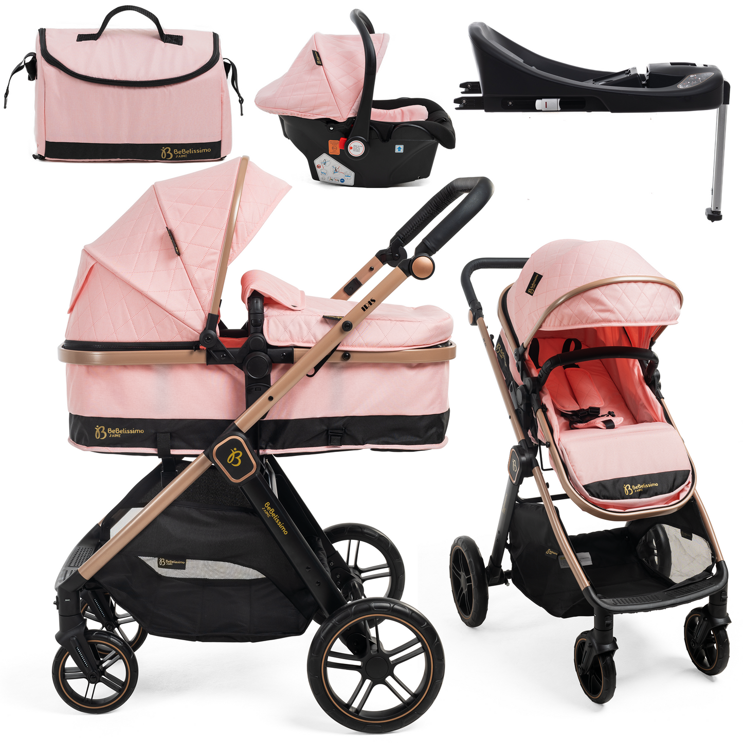 BEBELISSIMO - Poussette combinée trio 3 en 1 - siège auto 0+ IRIS – nacelle – dès la naissance – base ISOFIX - jambe de force - rose