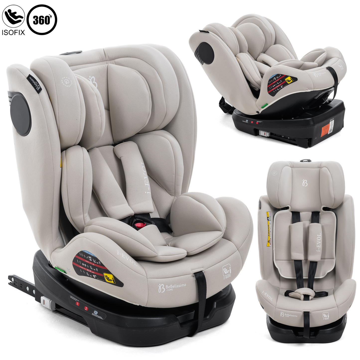 BEBELISSIMO - Siège auto Isofix - pivotant 360 ° - groupe 0+/1/2/3 - (0-36kg) - i-EVOL- beige claire - protections latérales (Copie)