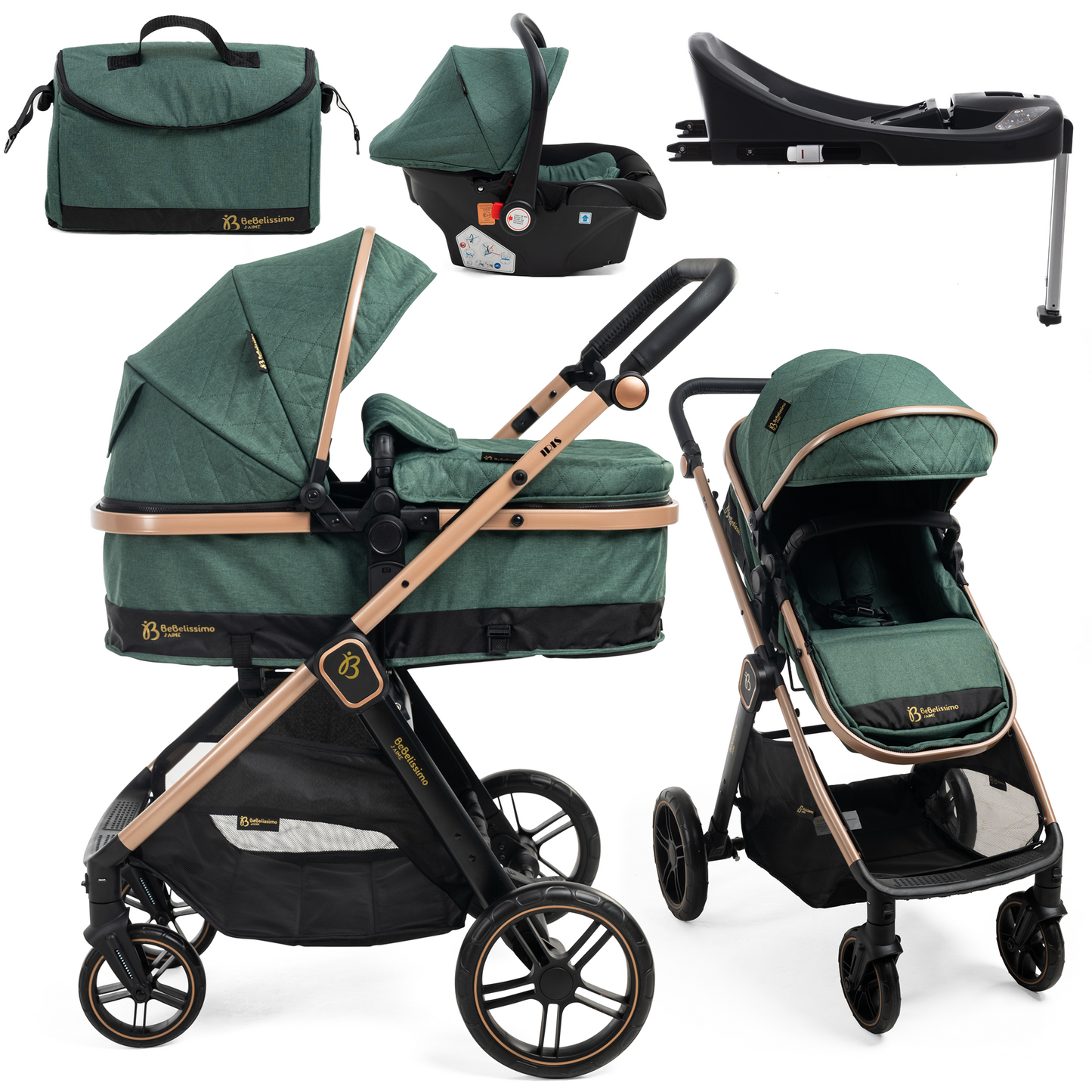 BEBELISSIMO - Poussette combinée trio 3 en 1 - siège auto 0+ IRIS – nacelle – dès la naissance – base ISOFIX - jambe de force - vert