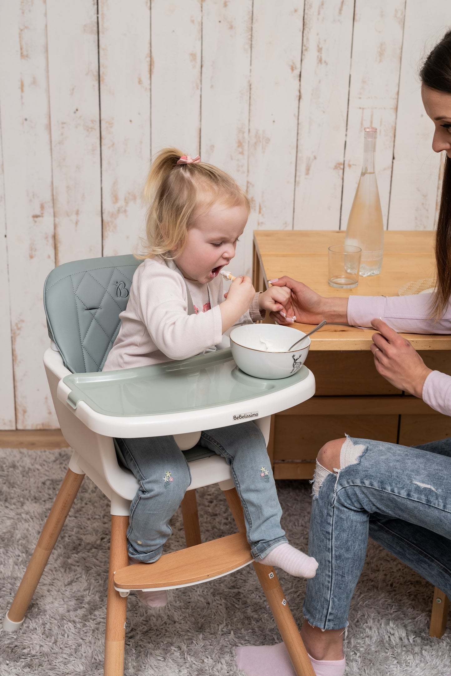 BEBELISSIMO  - Chaise Haute bébé - Évolutive - Réglable - en Bois - 2 en 1 – 6 mois jusqu’à 5 ans - gris