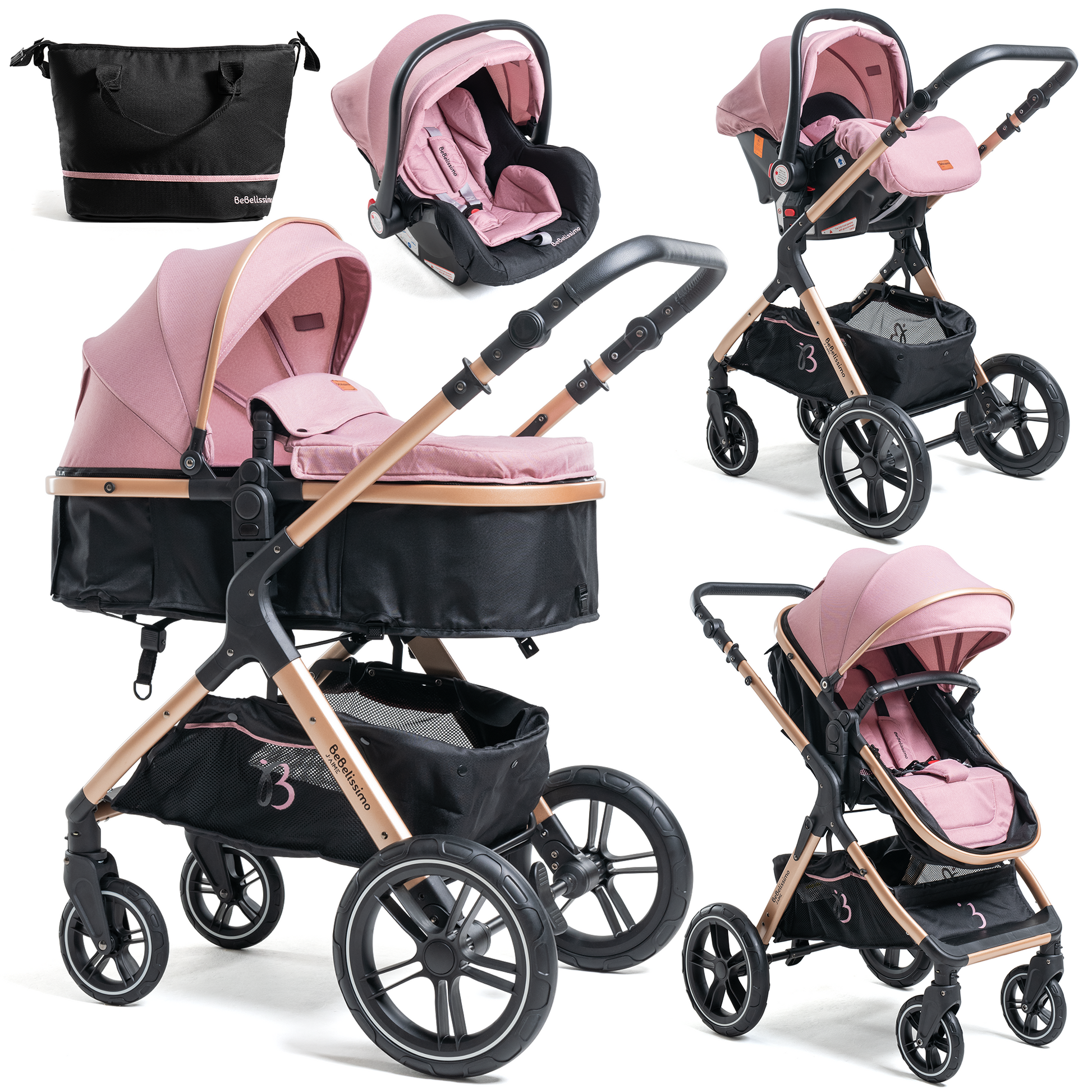 BEBELISSIMO - Poussette combinée trio 3 en 1 - siège auto 0m – nacelle –  dès la naissance – jusqu’à 22kg – Premium - rose